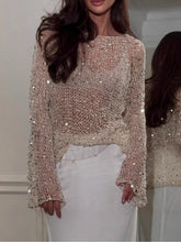 Sequined knitted hollow long-sleeved top