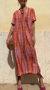 Ladies' V-neck Vertical Print Slit Casual Dress