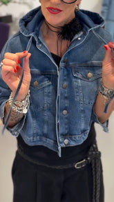 Women Round Neck Hooded Denim Splicing Casual Jacket