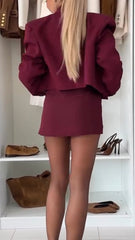 Women Lapel Jacket + Skirt Solid Color Temperament Casual Suit