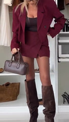 Women Lapel Jacket + Skirt Solid Color Temperament Casual Suit