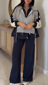 Women Lapel Stitching Fake Two-piece Jacket + Pants Casual Suit