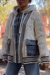 Women Knitted Patchwork Denim Hooded Casual Coat