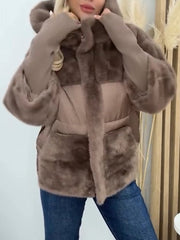 Women Hooded Plush Patchwork Casual Coat