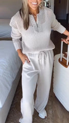 Women Round Neck Plaid Hollow Top + Drawstring Pants Casual Suit