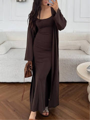 Sleeveless suspender hip dress long cardigan set