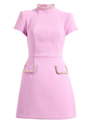 Pink Exquisite And Playful Pearl Trim Pocket Mini Dress