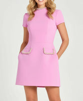 Pink Exquisite And Playful Pearl Trim Pocket Mini Dress