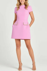 Pink Exquisite And Playful Pearl Trim Pocket Mini Dress