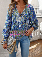 Holiday-style rayon printed lace-up long-sleeved shirt