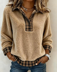 Cozy Faux Sherpa Plaid Top with Contrast Checkered Collar