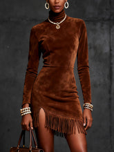 Brown Faux Suede Turtleneck Fringe Hem Mini Dress