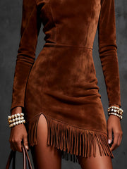Brown Faux Suede Turtleneck Fringe Hem Mini Dress