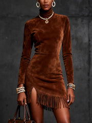 Brown Faux Suede Turtleneck Fringe Hem Mini Dress