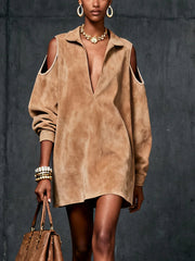 Camel Faux Suede Cold-Shoulder Dress