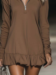 Casual Loose Long Sleeve Ruffle Hem Hooded Mini Dress