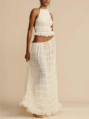 Pleated Drawstring Charm Waist Tiered Maxi Skirt Suit