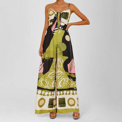 Printed waist-hugging elegant suspender wide-leg straight jumpsuit