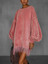 Oversized Pink Fringe Crew Neck Suede Dress