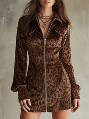 Retro Velvet Leopard Print Lantern Sleeve Mini Dress