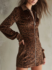Retro Velvet Leopard Print Lantern Sleeve Mini Dress
