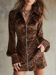Retro Velvet Leopard Print Lantern Sleeve Mini Dress