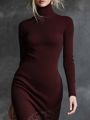 Elegant High-neck Lace Hem Burgundy Maxi Dress