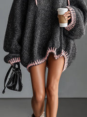 Loose-fitting hooded pink-trimmed knitted mini dress