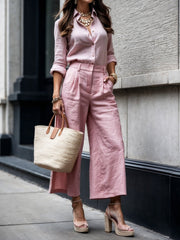 Pink Capri Pants and Loose Shirt Linen Set