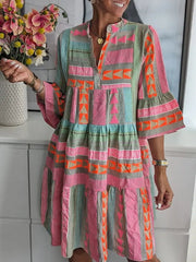 Elegant Patchwork Printed V-neck Three-quarter Sleeve Dress