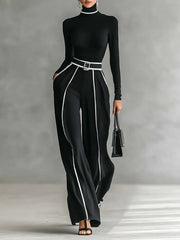 White Trim High-neck Long-sleeved Top With Wide-leg Pants and Belt Set