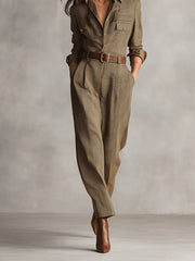 Brown Sophisticated Tweed Texture Plaid Utility Jumpsuit