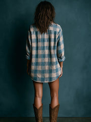 Blue And White Loose Plaid Henley Neck Long Sleeve Mini Dress