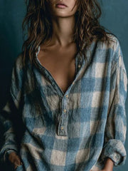 Blue And White Loose Plaid Henley Neck Long Sleeve Mini Dress