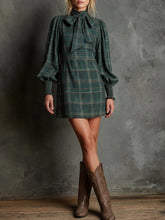 Green Plaid Print Bow Tie Half-High Neck Lantern Sleeve Mini Dress