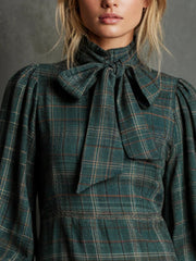 Green Plaid Print Bow Tie Half-High Neck Lantern Sleeve Mini Dress