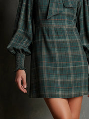 Green Plaid Print Bow Tie Half-High Neck Lantern Sleeve Mini Dress