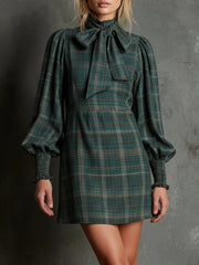 Green Plaid Print Bow Tie Half-High Neck Lantern Sleeve Mini Dress