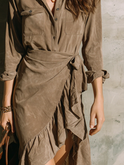 Retro Khaki Collared Ruffled Faux Suede Mini Dress