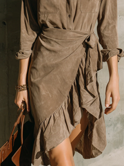 Retro Khaki Collared Ruffled Faux Suede Mini Dress