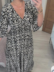 Bohemian Casual Print V-neck Waist Wrap Long Dress