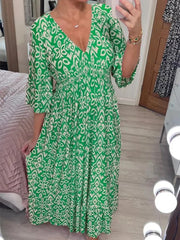 Bohemian Casual Print V-neck Waist Wrap Long Dress