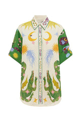 Days of Heaven Linen Blend Unique Print Blouse and Elastic Waist Pocketed Shorts Set