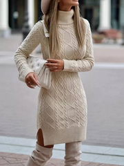Women Turtleneck Sweater Solid Color Slit Knitted Sweater Dress
