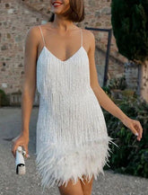 Shimmery Scoop Neck Sequin Fringe Feather Slip Flapper Mini Dress