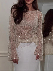 Sequined knitted hollow long-sleeved top