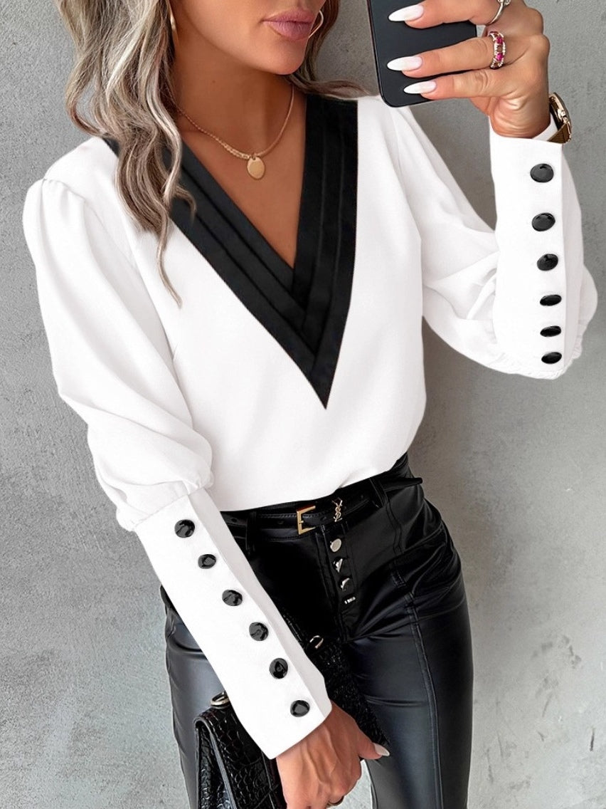 Autumn Fashion V-neck Solid Color Long Sleeve Button-up Shirt