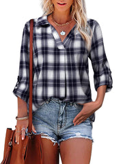Pullover Lapel Loose Fit Women's Plaid Shirt