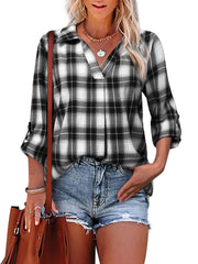 Pullover Lapel Loose Fit Women's Plaid Shirt