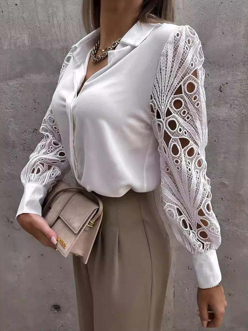 Women's solid color lace patchwork shirt